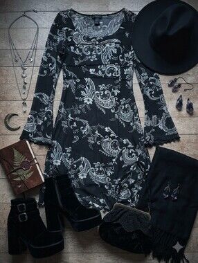 Y2K Studio Y Black White Brocade Print Semi Sheer Stretch Micro Mesh Dress